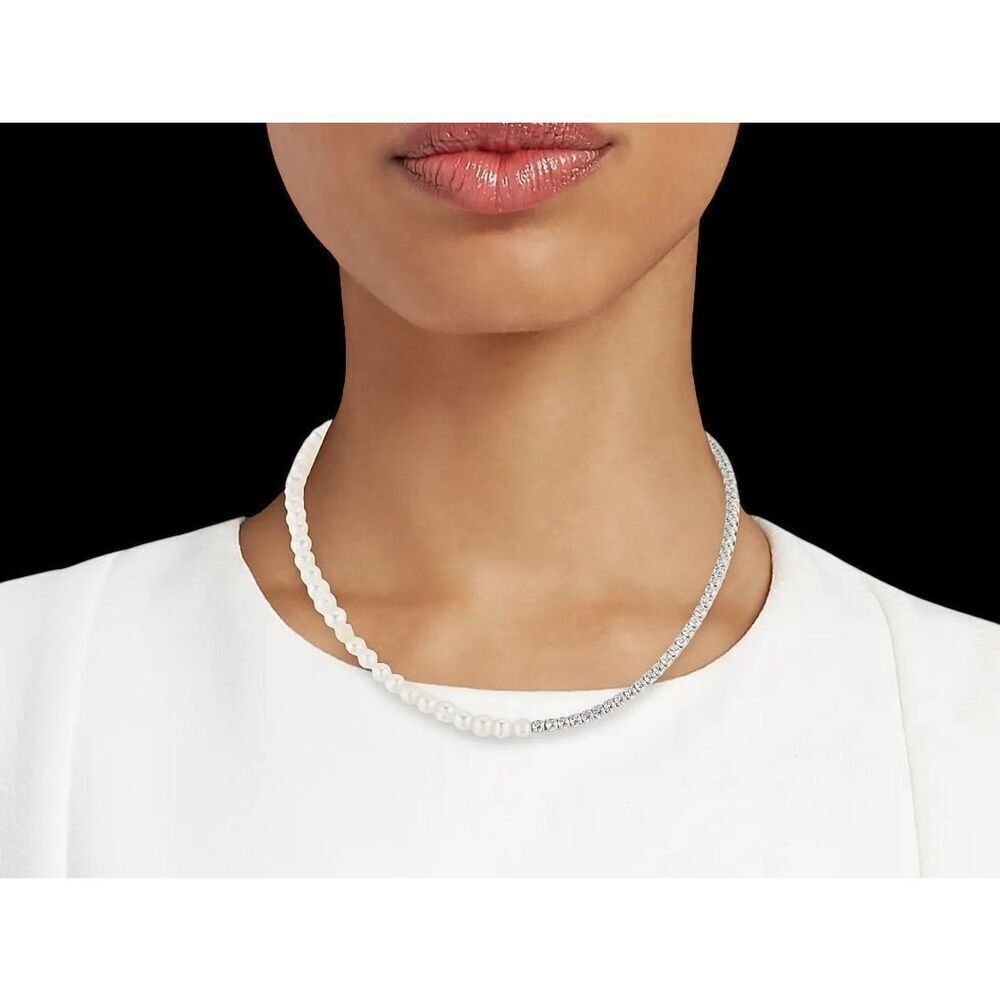 Shashi Camille Sterling Silver, Shell Pearl & Cubic Zirconia Tennis Necklace New